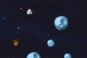 Uzay boşluğunda, piksel tarzı bir uzay aracı ve asteroidlerin bulunduğu bir sahne