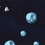 Uzay boşluğunda, piksel tarzı bir uzay aracı ve asteroidlerin bulunduğu bir sahne
