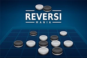 Mavi bir arka plan üzerinde, siyah ve beyaz disklerin yer aldığı kareli bir oyun tahtası ve üstünde Reversi Mania yazısı