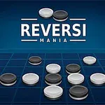 Mavi bir arka plan üzerinde, siyah ve beyaz disklerin yer aldığı kareli bir oyun tahtası ve üstünde Reversi Mania yazısı