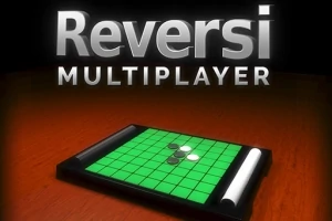 Yeşil dama tahtası üzerinde siyah ve beyaz pullar bulunan bir oyun tahtasının üstünde Reversi Multiplayer yazısı