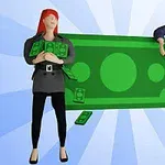İki animasyon karakter, yeşil bir banknotun önünde duruyor ve para tutuyor
