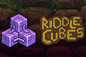 Mor bir küp ve yanında Riddle Cubes yazısı, arka planda taşlı bir zemin üzerinde