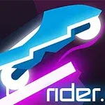 Mavi ve pembe neon efektli, stilize edilmiş bir araba simgesi ve altında rider