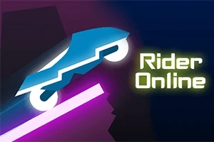Neon ışıklarla parlayan mavi bir araç, dikey bir rampada havada süzülüyor; yanında Rider Online yazısı bulunuyor