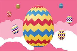 Pembe bulutlar arka planında, renkli zigzag desenli büyük bir yumurta ve çevresinde çeşitli desenlerde diğer yumurtalar