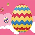 Pembe bulutlar arka planında, renkli zigzag desenli büyük bir yumurta ve çevresinde çeşitli desenlerde diğer yumurtalar