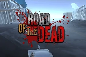 Üzerinde kırmızı kan sıçramaları olan büyük harflerle ROAD OF THE DEAD yazısı ve ön planda bir araba yer alıyor
