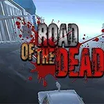 Üzerinde kırmızı kan sıçramaları olan büyük harflerle ROAD OF THE DEAD yazısı ve ön planda bir araba yer alıyor