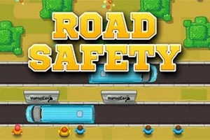 Sarı arka plan üzerinde büyük sarı harflerle ROAD SAFETY yazısı ve altında yolda ilerleyen mavi otobüsler ile yol kenarında bekleyen küçük insan figürleri