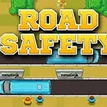 Sarı arka plan üzerinde büyük sarı harflerle ROAD SAFETY yazısı ve altında yolda ilerleyen mavi otobüsler ile yol kenarında bekleyen küçük insan figürleri