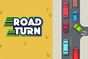 Sarı bir arka planın önünde Road Turn yazısı ve yolda dönen yeşil bir arabanın bulunduğu bir çizim