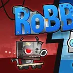 Kırmızı ve mavi arka plan üzerinde iki sevimli robot karakter, büyük yazıyla RoBBie yazısı