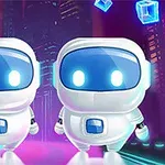 İki sevimli robot, neon şehir arka planında ve havada süzülen mavi küplerle birlikte