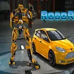 Sarı bir robot ve yanındaki sarı spor araba, gri bir platformda sergilenmektedir; üst kısmında ise RoboRacing yazısı bulunuyor