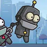Arka planda şehir manzarası olan bir sokakta el ele tutuşmuş iki sevimli robot