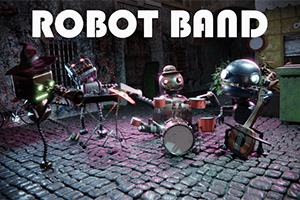 Kaldırım taşları üzerinde müzik aletleri çalan sevimli robotlardan oluşan bir grup