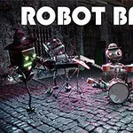 Kaldırım taşları üzerinde müzik aletleri çalan sevimli robotlardan oluşan bir grup