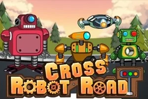 Üç farklı renkte çizgi film robotu ve üstte uçan bir drone, “Cross Robot Road” yazısının üstünde dış mekanda yer alıyor