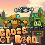 Üç farklı renkte çizgi film robotu ve üstte uçan bir drone, “Cross Robot Road” yazısının üstünde dış mekanda yer alıyor