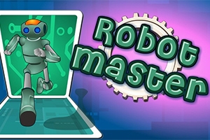 Yeşil bir robot figürü ve Robot Master yazısı içeren renkli bir illüstrasyon