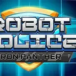 Mavi ızgara arka plan üzerinde Robot Police Iron Panther yazan robotik tasarımlı logo