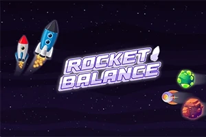 Uzay arka planı üzerinde iki roket ve parlayan gezegenlerle ROCKET BALANCE yazısı
