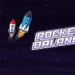 Uzay arka planı üzerinde iki roket ve parlayan gezegenlerle ROCKET BALANCE yazısı