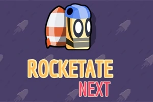 Mavi şapkalı çizgi karakter ve yanındaki turuncu-beyaz roket çizimi ile ROCKETATE NEXT yazısı
