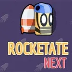 Mavi şapkalı çizgi karakter ve yanındaki turuncu-beyaz roket çizimi ile ROCKETATE NEXT yazısı