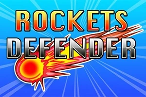 Roket ve alev efektleriyle süslenmiş mavi arka plan üzerinde büyük Rockets Defender yazısı