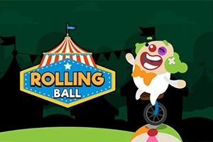 Palyaço kostümü giymiş bir figür, tek tekerlekli bisiklet üzerinde dengesini sağlarken, arka planda sirke ait çadır silüetleri ve üzerinde Rolling Ball yazısı bulunan bir tabela görülmektedir