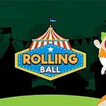 Palyaço kostümü giymiş bir figür, tek tekerlekli bisiklet üzerinde dengesini sağlarken, arka planda sirke ait çadır silüetleri ve üzerinde Rolling Ball yazısı bulunan bir tabela görülmektedir