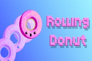 Piksel sanatıyla oluşturulmuş, sevimli yüzü olan pembe bir simit ve yanında Rolling Donut yazısı