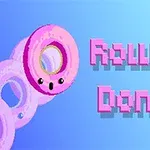 Piksel sanatıyla oluşturulmuş, sevimli yüzü olan pembe bir simit ve yanında Rolling Donut yazısı