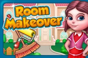 Bir kız karakter, fırça ve boya rulosu ile bir evin önünde duruyor; Room Makeover başlığı üstte yazılı