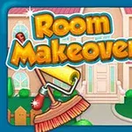 Bir kız karakter, fırça ve boya rulosu ile bir evin önünde duruyor; Room Makeover başlığı üstte yazılı