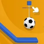 Turuncu bir arka plan üzerinde, mavi renkli geometrik şekiller, bir futbol topu ve yanında bir el simgesi bulunuyor