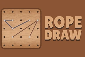 Ahşap bir zemin üzerinde çeşitli noktalardan geçen ip çizimleri ve yanında ROPE DRAW yazısı