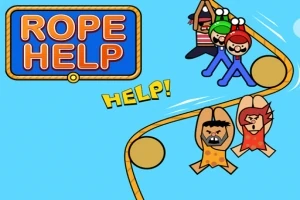 Mavi arka plan üzerinde, iki kişinin ip ile tutunduğu ve üst kısmında Rope Help yazısının bulunduğu animasyon karakterlerden oluşan bir sahne