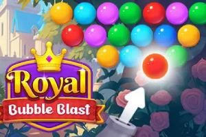 Renkli balonların üstüne doğru yönelen bir top ile Royal Bubble Blast yazılı bir logo