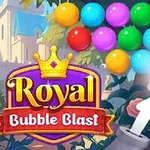 Renkli balonların üstüne doğru yönelen bir top ile Royal Bubble Blast yazılı bir logo
