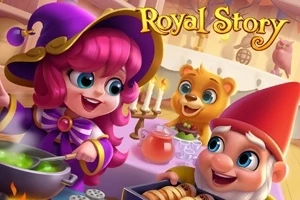 Royal Story Pembe saçlı bir cadı, içi dolu bir kazan karıştırıyor, yanında cüce ve ayı figürleri bir masada neşeyle oturuyor