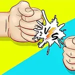 Sarı ve mavi arka planda, karşı karşıya duran iki yumruk ve ortada vs yazısı