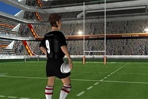 Siyah forma ve beyaz şort giyen, 9 numaralı oyuncu sırtı dönük bir şekilde rugby sahasında elinde top tutarken
