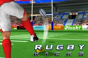 Kırmızı ve beyaz spor kıyafetleri giyen bir oyuncu, rugby topuna vuruş yapıyor; arka planda bir stadyum ve kalabalık seyirci kitlesi görülüyor, ön kısımda RUGBY KICKS yazısı bulunuyor