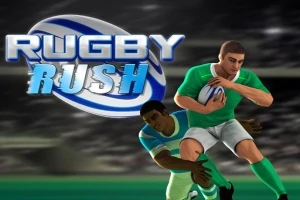 Yeşil formalı bir oyuncu koşarken mavi formalı bir oyuncu tarafından yakalanmak üzere ve arkada bulanık stadyum tribünleri bulunuyor, sol üstte ise büyük harflerle Rugby Rush yazısı yer alıyor