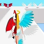 Bir podyumda yürüyen, melek ve şeytan unsurlarıyla tasvir edilmiş bir figür