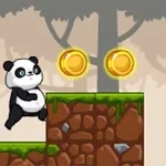 Ormanda bir platformda duran panda, önünde asılı iki altın madeniyle