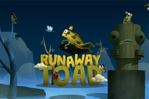 Kurbağa figürü bir kaya üzerinde otururken arkada ağaçlar ve heykel, ön planda ise büyük harflerle yazılmış Runaway Toad başlığı yer alıyor